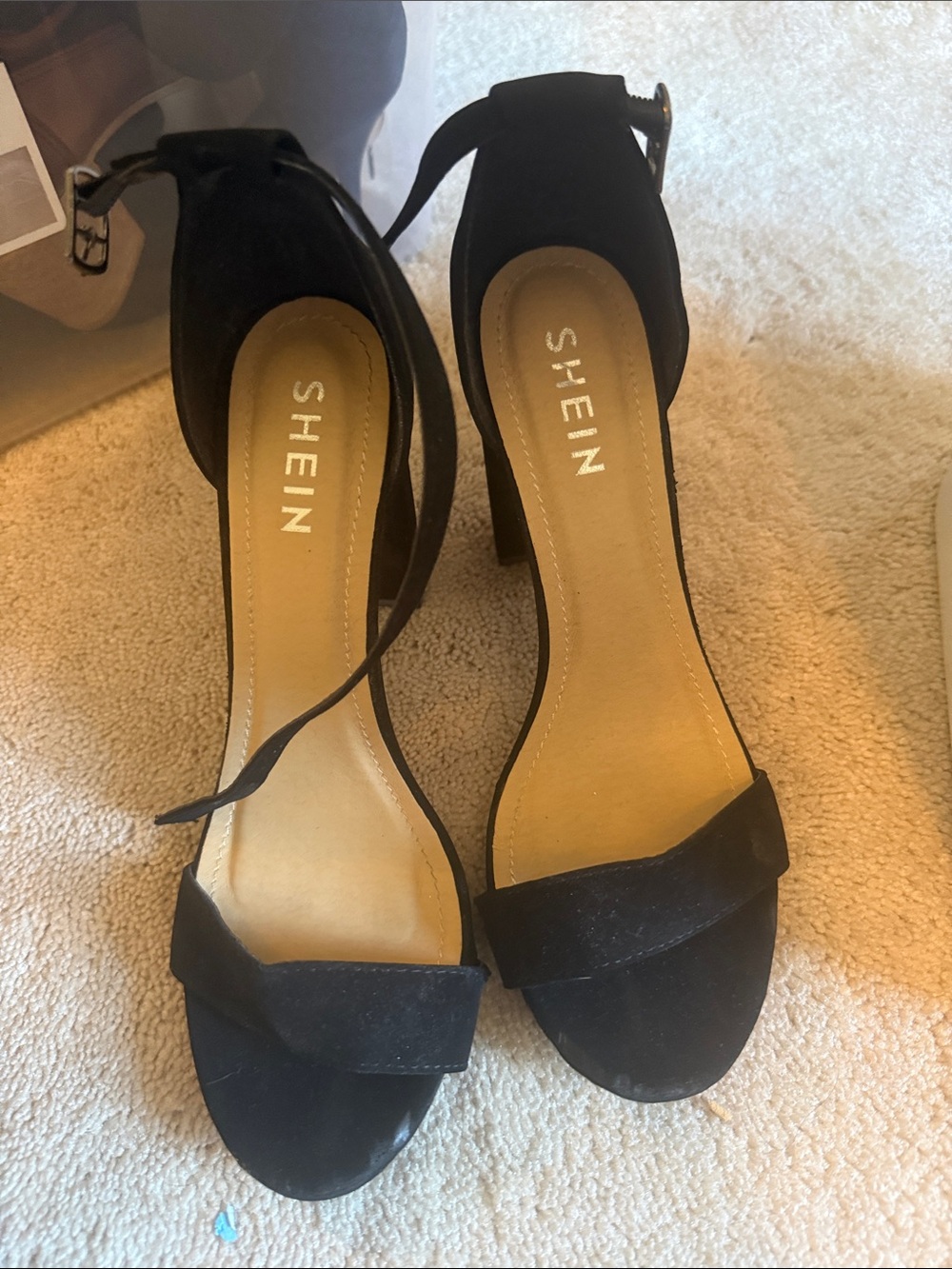 SHEIN Black Ankle Strap Suede Block Heels